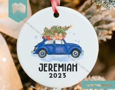 Personalized Boy Christmas Ornament   Custom Kids Name Keepsake   Blue Car Or...