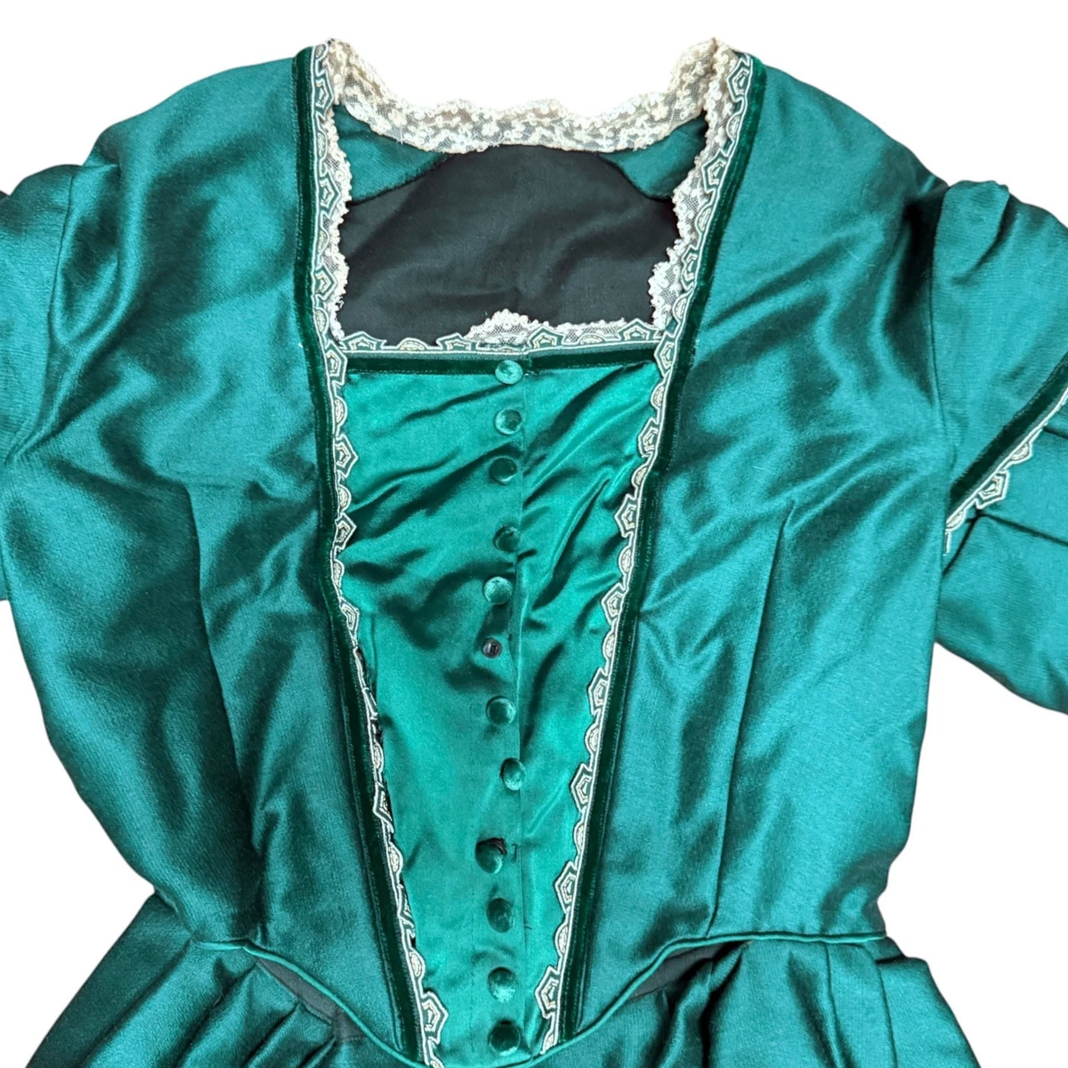 Vestido estilo victoriano vintage verde satinado look encaje mangas alfil cintura 26