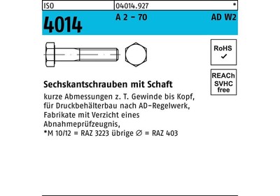 Vis Hexagonale Reyher ISO 4014 Avec Embase - Filetage M12 X 85mm, Acier A2