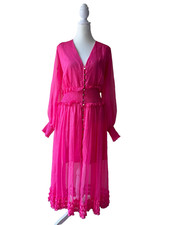 Keepsake The Label Womens M Pop Pink Maxi Dress Sheer Smocked Waist Ruffle Hem