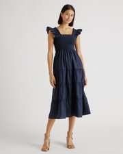 Quince Women Organic Cotton Poplin Smocked Midi Dress Navy Basic Sleeveless S
