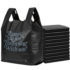 Black 'Thank You' HDPE T-Shirt Bags with Handles - 400 Bags – 1/5 BBL Size 13...