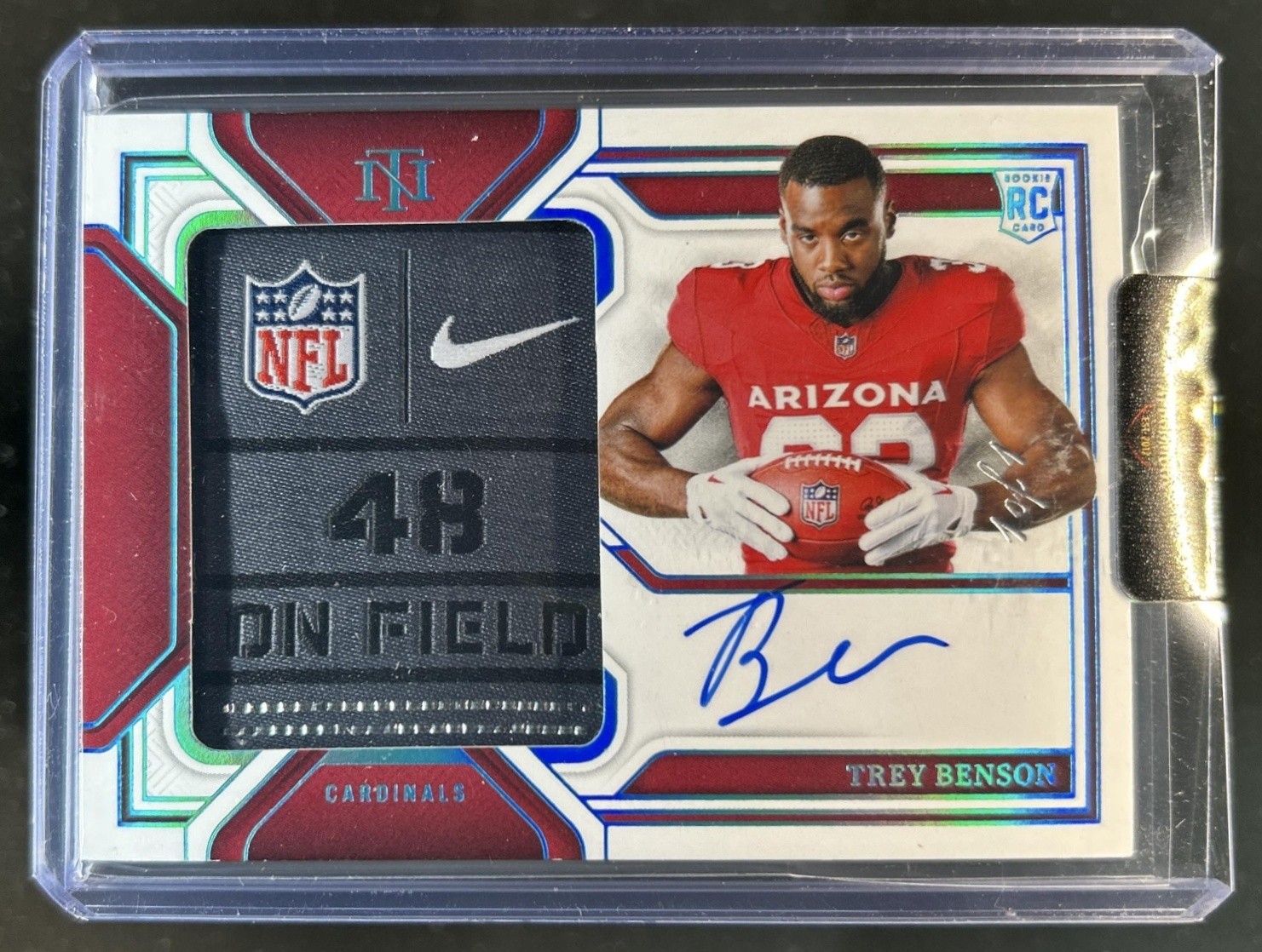 Trey Benson Panini National Treasures Rookie Gloves Signatures #TBN Laundry Tag-NFL Shield 1/1