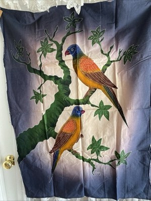 Textile Piece Batik Style Of Two Parrots on Tree Branch, Signed ARKA