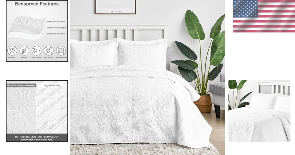 Набор из 3 белых одеял California King с элегантным дамасским дизайном - все сезоны - Изображение 2 из 4