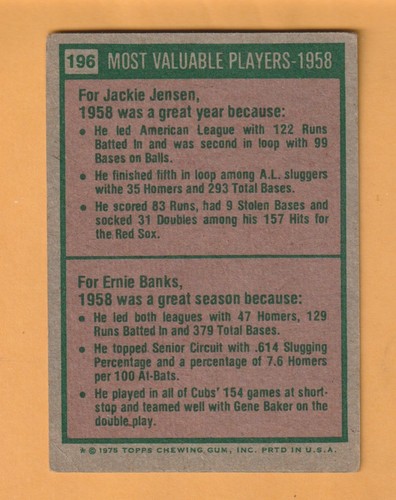 Ernie Banks Jackie Jensen 1975 Topps #196 Boston Red Sox Chicago Cubs Creases - Picture 2 of 2