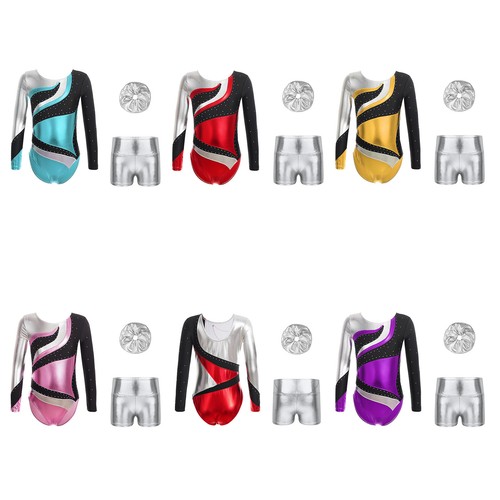 Kids Girls Outfit Metallic Set Rhinestones Dancewear Shiny Round Neckline Dance - Picture 4 of 53