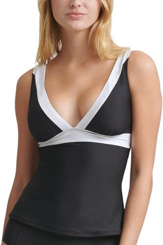 DKNY Damengröße XS schwarz Farbblock V-Ausschnitt verstellbar Tankini Badeanzug Oberteil neu mit Etikett