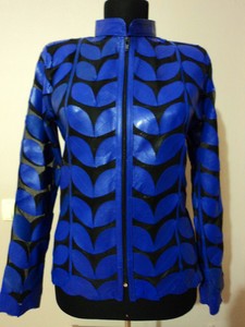 Blue-Leather-Leaf-Jacket-Women-All-Colors-Sizes-Genuine-Short-Zip-Up-Lightweight