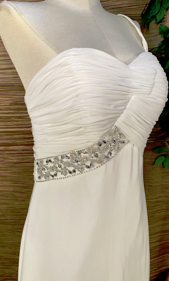 Snowy White Single Strap Chiffon Wedding Dress Bridal Gown Jeweled Trim Size 12 - Image 3 of 4