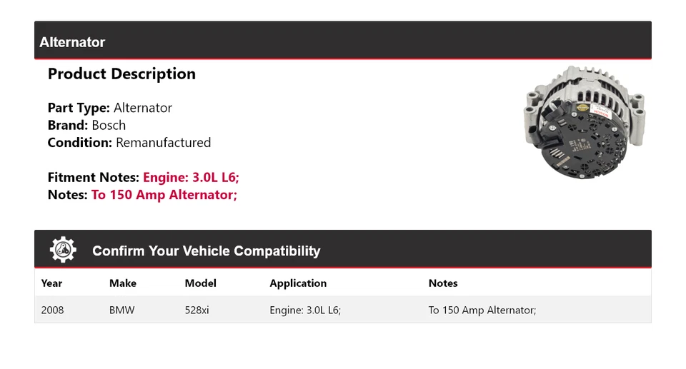 Alternador Bosch BMW 528xi 2008 3,0 L L6 (remanufacturado) Foto 2 de 4
