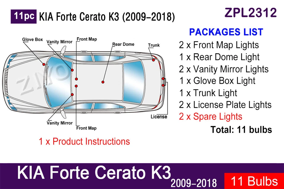 Kit de 11 bombillas LED interiores actualización para Kia Forte / Cerato 2009-2018 Foto 2 de 4