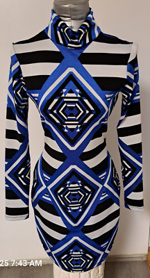 Mara Hoffman Dress M 60s Style Geometric BodyCon blue black white Excellent