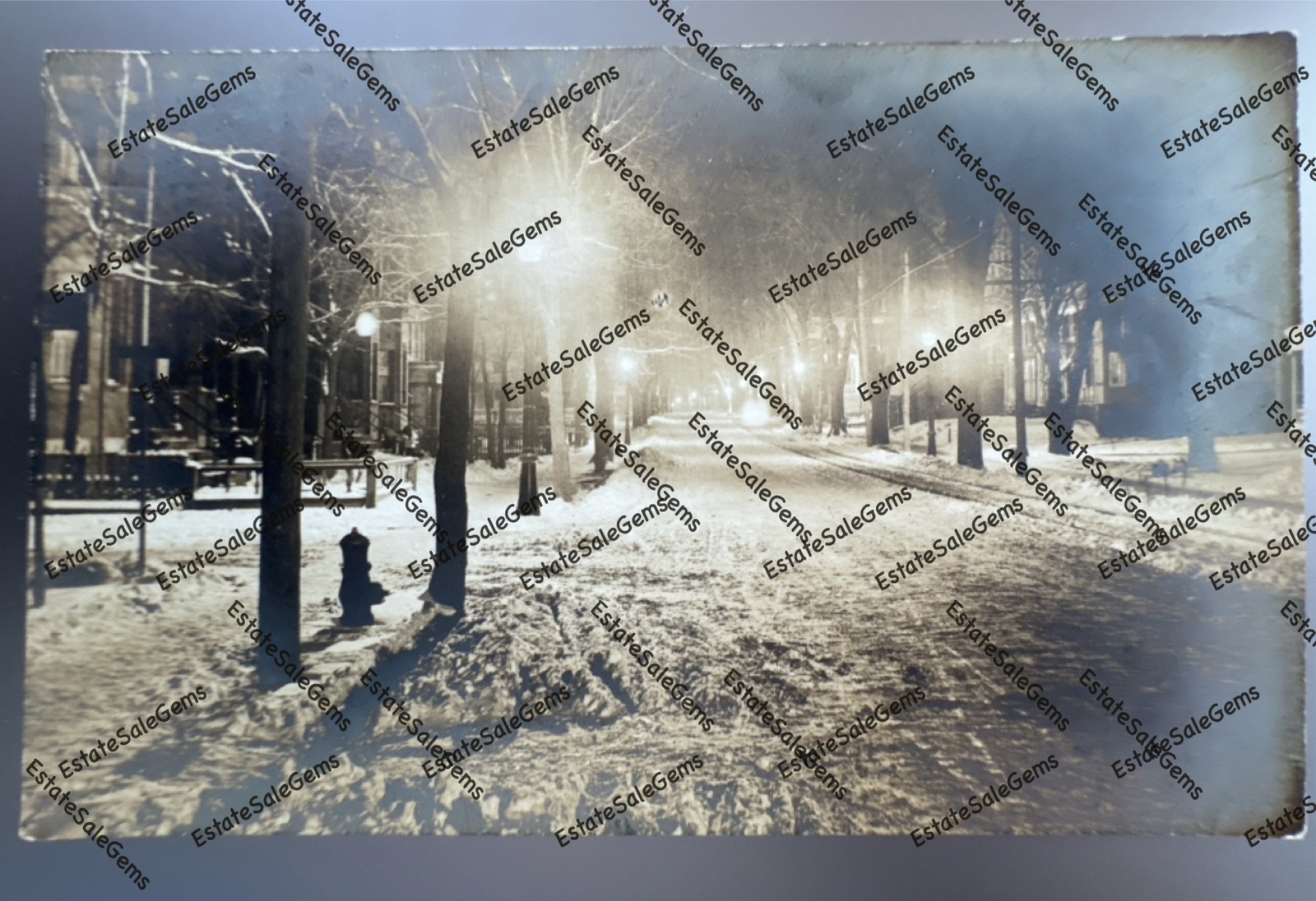 Antique RPPC 1917 nighttime snowy street scene Real Photo Postcard 