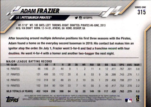 2020 Topps #315 Adam Frazier NM-MT Pirates ID:171702 - Picture 2 of 2