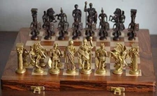 Hand Crafted Roman Brass Chess Set With Wooden Board 14 inch x 14 inch
