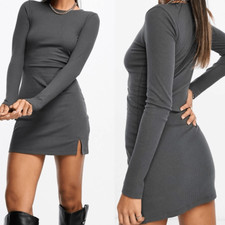 ASOS long sleeve ribbed mini dress split hem gray body-con crew neck 2 EUC