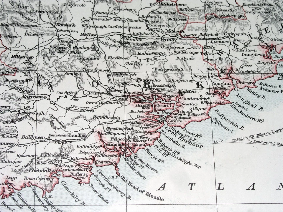 MAPA ANTIGUO DE IRLANDA 1904 KERRY CORCHO LIMERICK CLARE / DUBLIN LEINSTER WEXFORD Foto 2 de 4