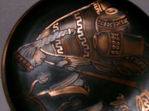 Etched Copper Plate Design Pottery & Woman Smoking Long Pipe Chilean Folk Art - Picture 12 of 13