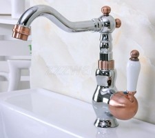 Chrome  Red Copper Single Lever Bathroom Vessel Sink Swivel Faucet Mixer Tap