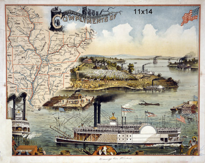 1895 Map of southern states Mississippi River Steamboat repro Wall Poster Print