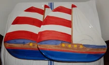 Ceramic Plates 2 Sailboat Shaped Hand Painted Red white blue Home Decor 2pcs.