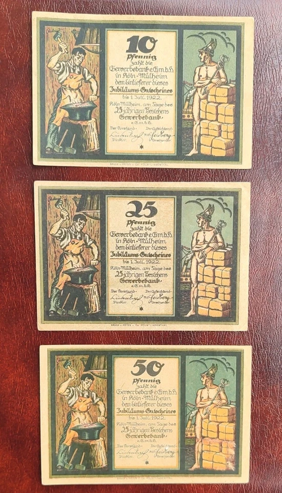Notgeldscheine Stadt Köln Gewerbebank Köln-Mülheim 10, 25, 50 Pfennig 1.7.1922 - Bild 1 von 2