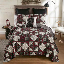 Log Cabin Star 3-Piece Red and Black Cotton Pieced King Quilt Set