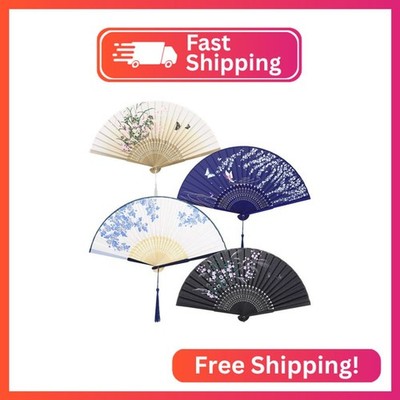 Aneco 4 Pieces Folding Fans Bamboo Handheld Fan Silk Fabric Fan Hand Holding Fan