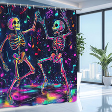 Colorful Dancing Skeletons Shower Curtain, Neon Halloween Party Bathroom Decor