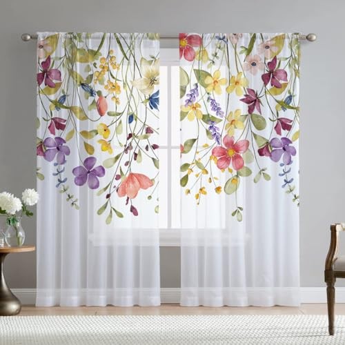 Floral Sheer Curtains for Living Room 84 inch Length 2 Panels Set Elegant