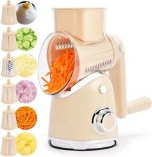 Rotary Cheese Grater with Handle, 6 Blades, Suction, Storage Case, Beige