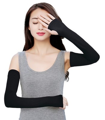 Women Stretchy Long Arm Sleeves Fingerless Gloves Arm Cover, Black, One Size