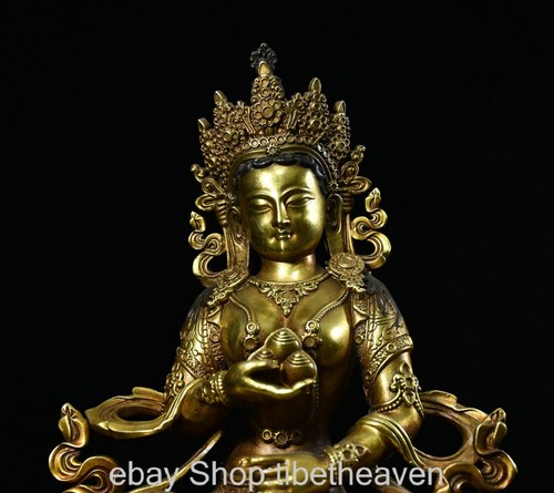 8.8" Antiguo Tíbet Cobre Dorado Budismo Verde Tara Guan Yin Diosa Estatua - Imagen 6 de 9
