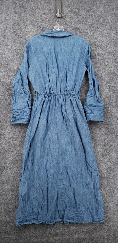 Vestido Zara Para Mujer S Pequeño Azul Midi Camisa Lino Manga con Pestaña Enrollada Línea A Foto 2 de 4