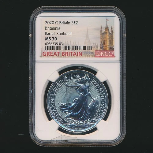 2020 GREAT BRITAIN $2 BRITANNIA RADIAL SUNBURT ~ NGC MS70 ~ DAMAGED SLAB