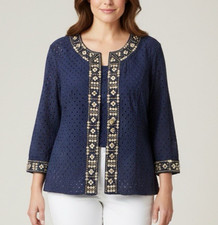Chico's 2 Eyelet Beaded Studded Open Jacket Women's L Navy 3/4 Sleeve Coastal