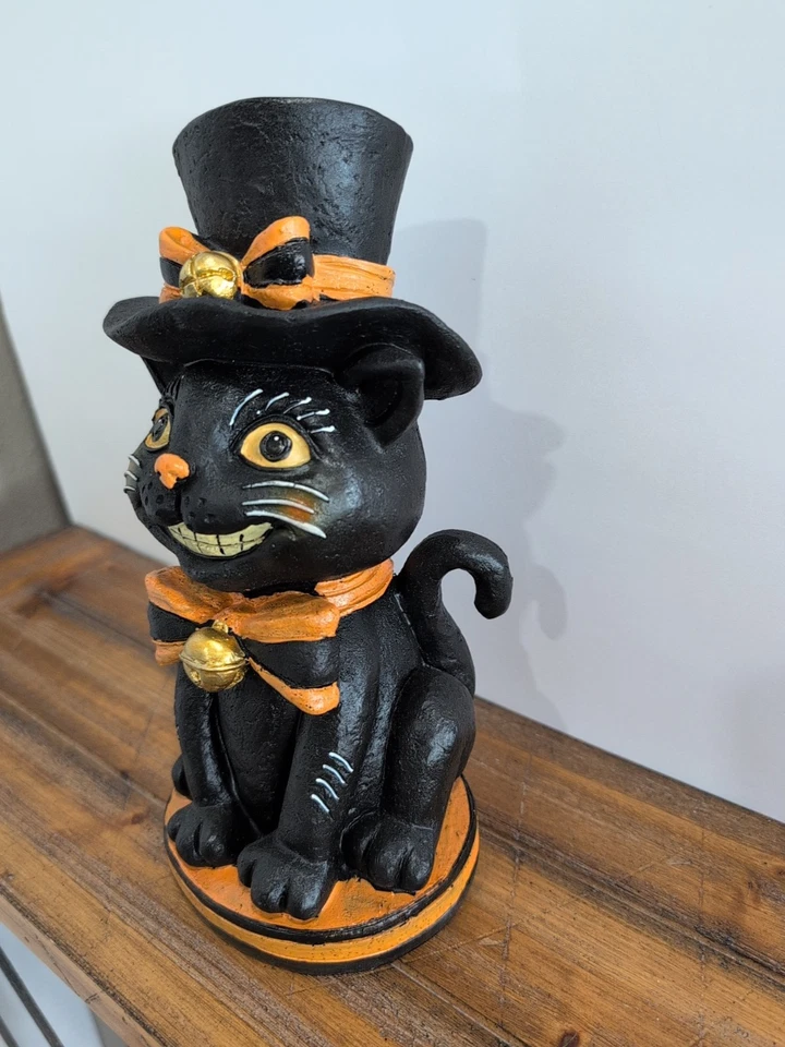 Vintage Style Halloween Black Cat Resin Tabletop Statue Figure Decor 10” Retro - Image 2 of 4