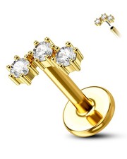 14K Solid Gold Triple CZ Flower Helix Earrings Stud 16 Gauge Yellow Gold Flat...