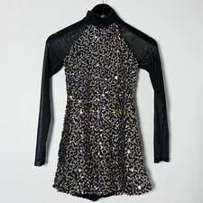 Weissman Dance Costume Adult Sm Razzle Dazzle Shift Dress Black Sequin LS Mesh