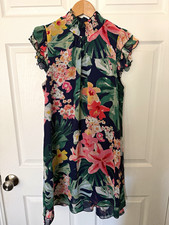 Eliza J Navy Floral Mock Neck A-Line Knee Dress 12 Sleeveless Lined Ruffle Zip