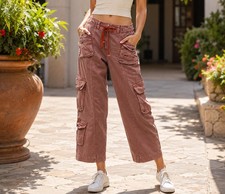 Free People We The Free Tahiti Pull-On Cargo Pants Solid Smocked Cotton L 289878