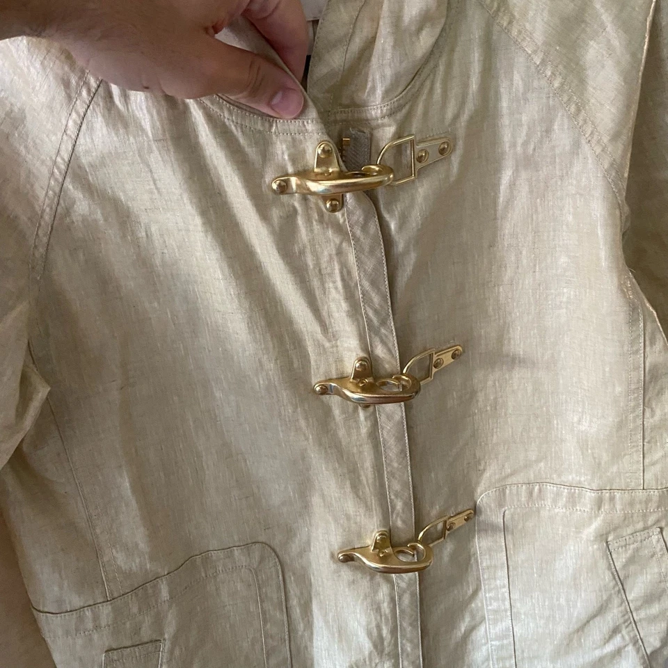 J.Crew Collection Women Metallic Gold Linen Slicker Rain Coat Jacket Hooded Sz 0 - Image 4 of 4