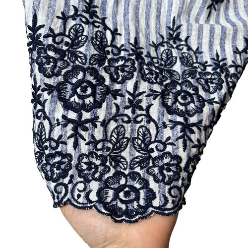 ENTRO Blue White Sleeveless High Neck 100%Cotton Stripe Embroidered Sheath Dress - Picture 6 of 14