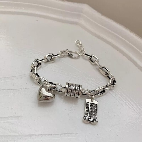 Bracciale vintage argento sterling 925 catena spessa ciondolo cuore tendenza braccialetto carino - Foto 21 di 24