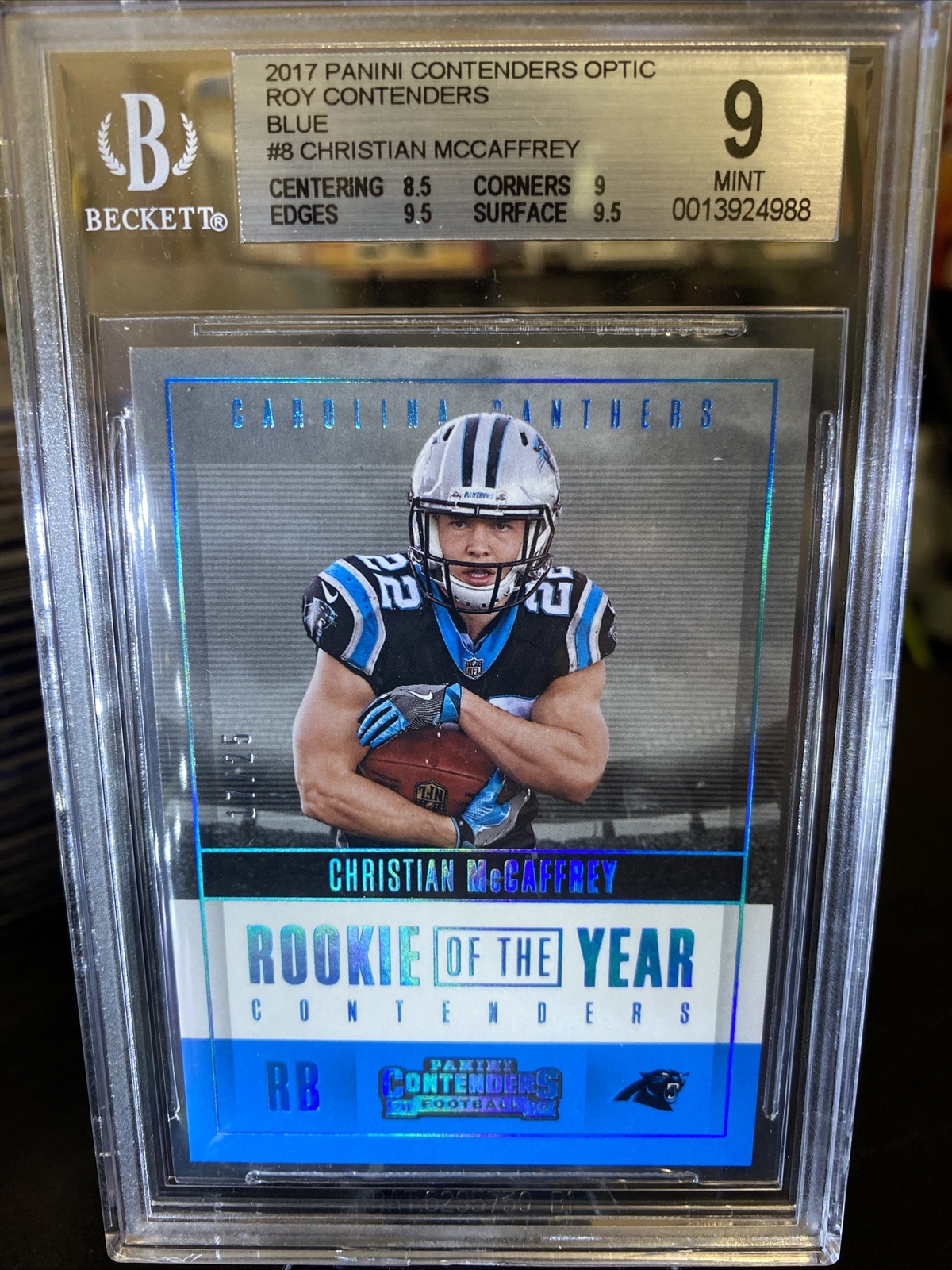 Christian McCaffrey Panini Contenders Optic Rookie of the Year Contenders #ROY8 Blue