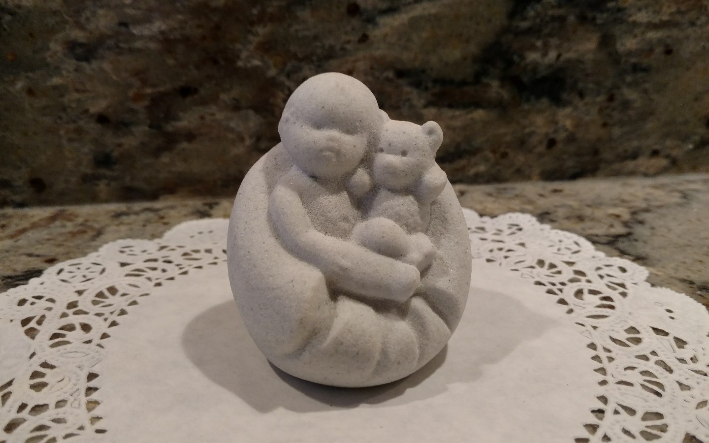 MARBELL STONE ART BELGIUM CHILD HUGGING A TEDDY BEAR FIGURINE/SCULPTURE