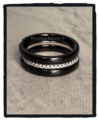Bague Triple Rang En Céramique Et Argent Massif Avec Strass - Taille 59/60, Occasion