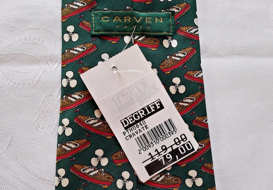 France-Caballeros Vintage Auténtico Tallado Paris Barcos Verde Seda Hombre Corbata Cuello Foto 4 de 4