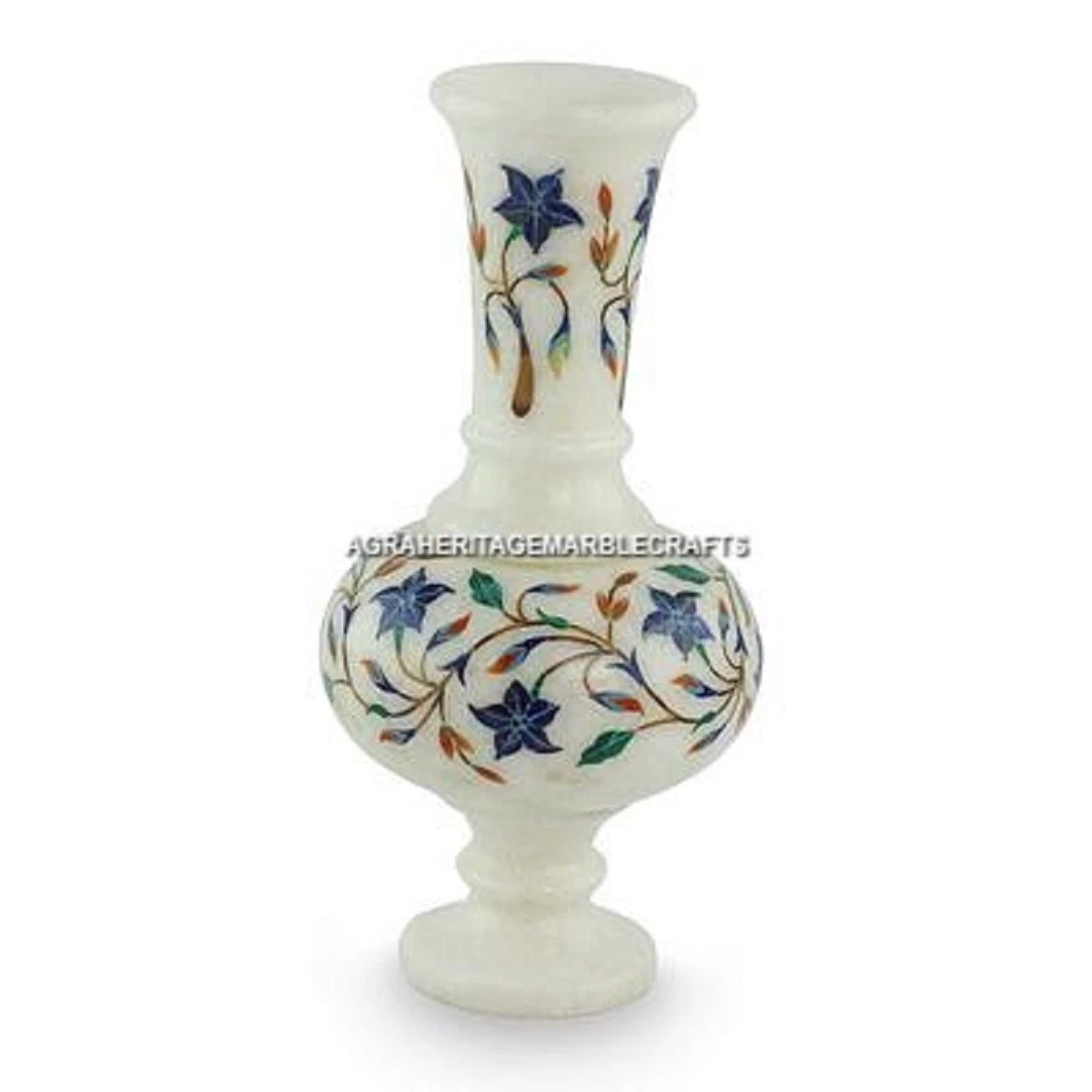 White Marble Flower Vase Multi Inlay Design Marquetry Decorative Showpiece H4473